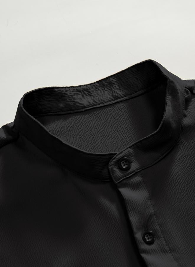 Take Two Men Black Textured Mandarin Collar Shirt - Image 3